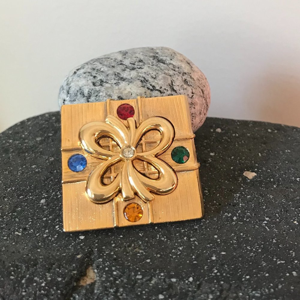 Gold Tone Brooch Gift with Bow and Rhinestones